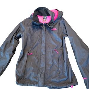 The North Face HyVent Rain Jacket Womens Small Black Pink Waterproof Hooded Coat